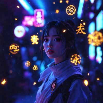 The primary subject of the image is a woman with long hair, wearing a white shirt and a backpack. She is standing in a city street at night, surrounded by a purple and blue lighted environment. The visual style of the image is a combination of photo and digital art, creating a unique and artistic atmosphere. The colors and mood of the image are predominantly purple and blue, giving the scene a vibrant and lively feel.